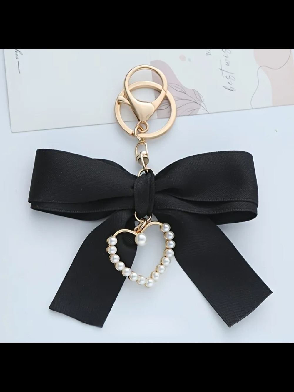 Black Bow Purse Charm with Pearl Heart